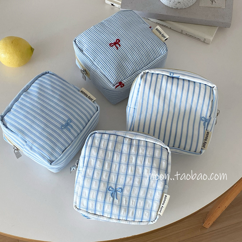 韩系蓝条纹绗缝卫生巾收纳包大容量学生便捷手拿豆腐包随身月事包