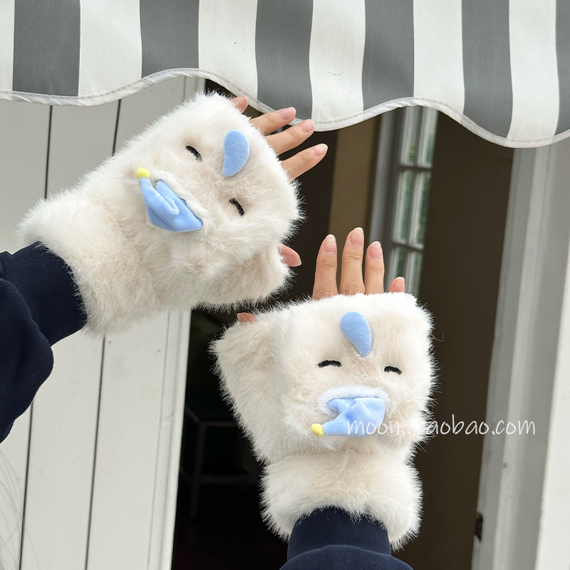手套女学生韩版可爱冬季骑车女士半指手套写字加厚加绒秋季保暖