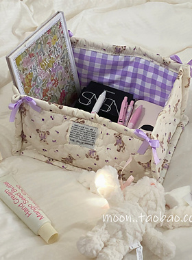 紫色小熊绗缝收纳筐桌面整理收纳盒杂物收纳篮护肤品零食整理盒