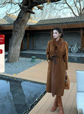 viola【枫叶焦糖】 10羊绒90羊毛定染焦糖色狐狸毛大衣慵懒高级感