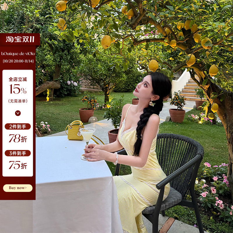 【现货】viola【柠檬岛】香2w+奶fu柠檬黄蕾丝拼接刺绣花边连衣裙