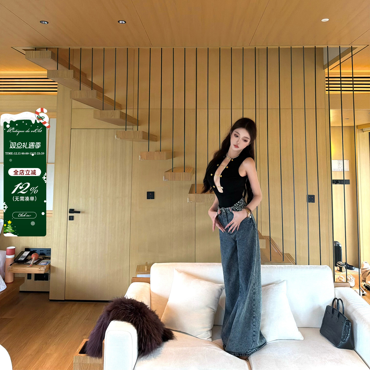 viola【丹宁山茶花】25隐藏款牛奶绒暖和显瘦山茶花牛仔裤印花