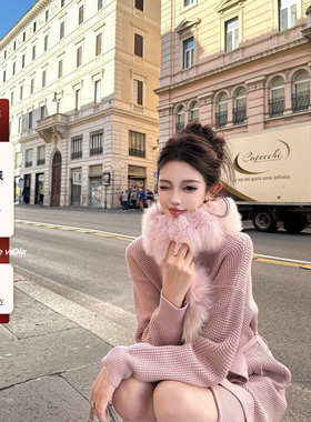 viola【妲己狐】lp老钱定染纱线狐狸毛领华夫格针织外套慵懒风
