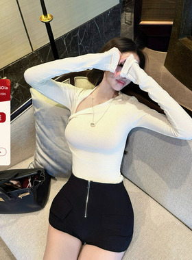 viola【塑形T】Skm1s 金姐懂我 不对称长袖T恤性感斜肩上衣打底衫