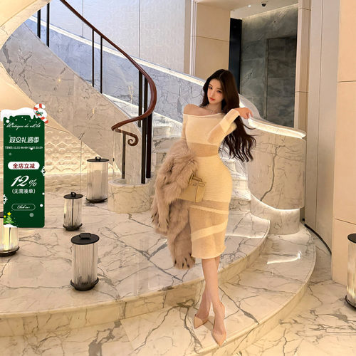 viola【绒绒冬令时】S身材曲线的神！水貂绒超暖双色连衣裙时尚