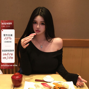 viola【野系美人】升级磨毛面料!辣妹设计感显瘦斜肩针织打底衫女