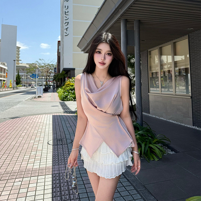 【【现货】viola【光影恋人】流光缎面定制f醋酸绑带交叉收腰T恤