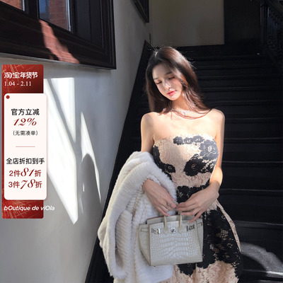 viola【港圈名媛】dol&ga中古蕾丝定染撞色手工连衣裙贵妇高级感