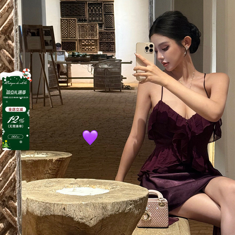 viola【紫韵香缇】elies*ab秀款定染葡萄紫飘带缎面短裙套装性感