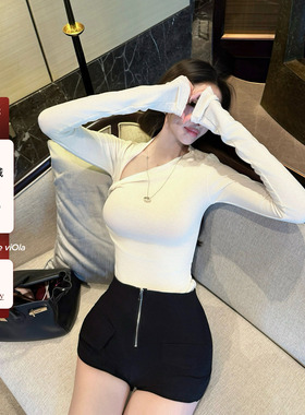 viola【塑形T】Skm1s 金姐懂我 不对称长袖T恤性感斜肩上衣打底衫