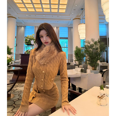 现货  viola【奶金兔】bal*ma立体3d麻花纹定制开模纽扣毛领套装