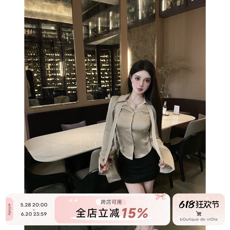 viola【欧尼主播】成为韩女 设计师私服 领结香槟金缎面飘带衬衫