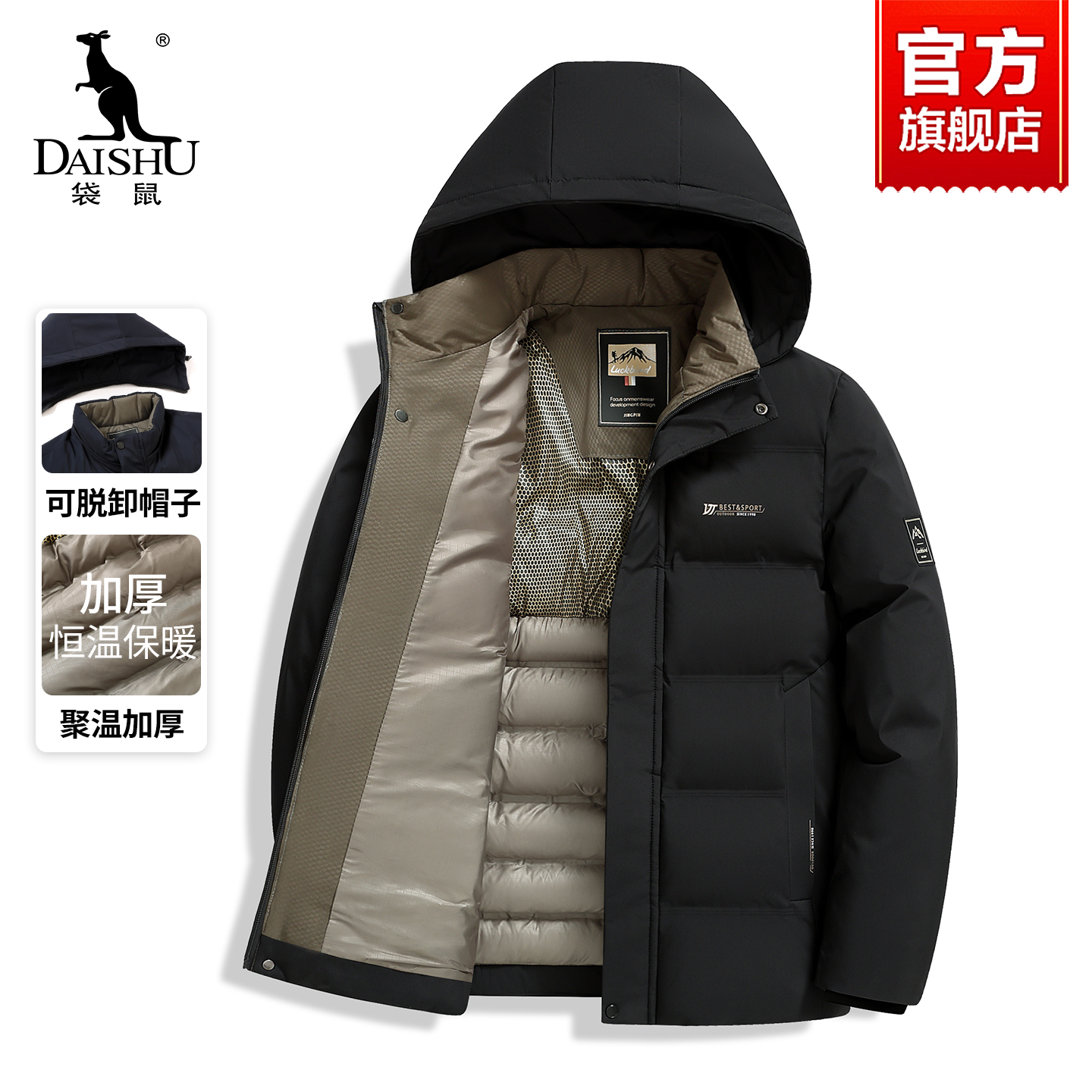袋鼠中老年男士棉衣冬季可拆卸帽加厚保暖棉袄2025新款爸爸装棉服