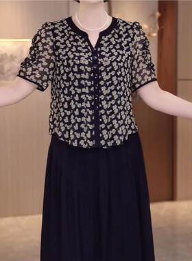 高级轻羽丝洋气简约假俩件礼服裙2025夏季新款宽松胖妈妈连衣裙女
