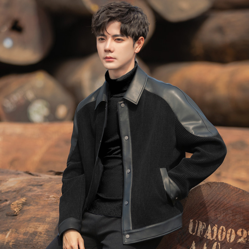 佐向斯新款休闲翻领夹克男士皮衣外套春秋季高级感痞帅春装上衣服