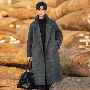 马海毛呢子大衣男士中长款过膝大衣冬季保暖休闲修身风衣灰色上衣