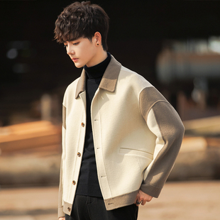 秋冬新款双面羊毛呢子大衣男士短款休闲拼接非羊绒夹克外套潮男装