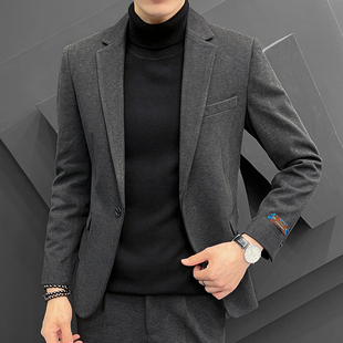 休闲西装男修身潮流帅气秋冬季加厚毛呢子小西服套装上衣外套单件