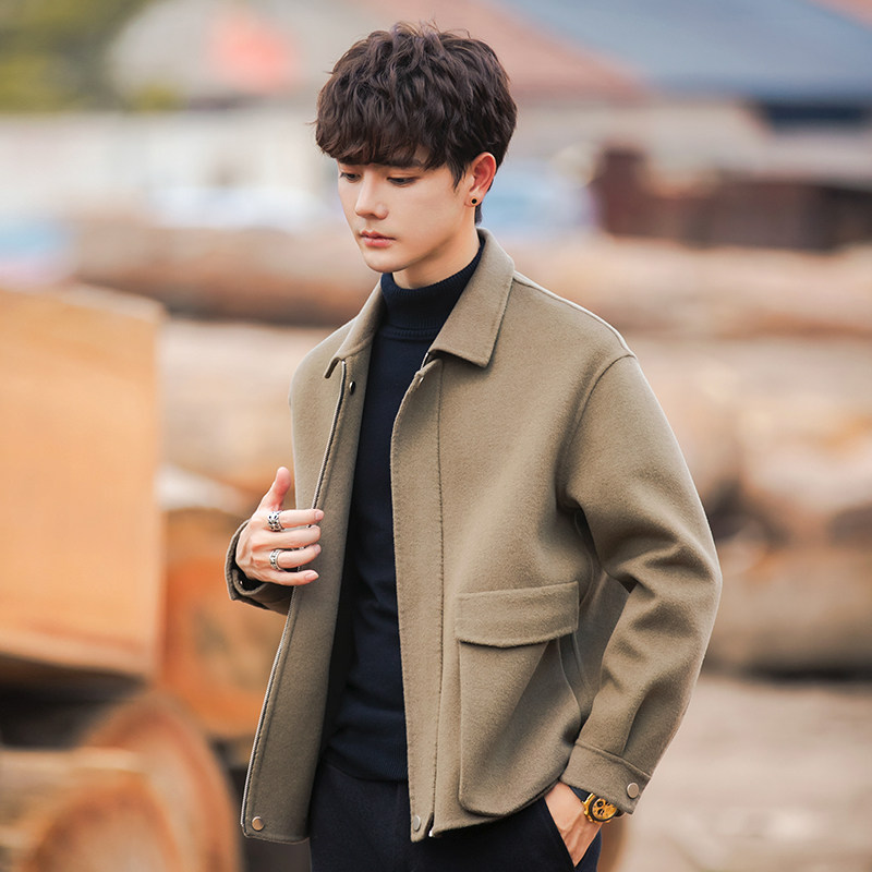 双面呢大衣男士短款翻领秋冬季羊毛呢夹克青年休闲无羊绒呢子外套