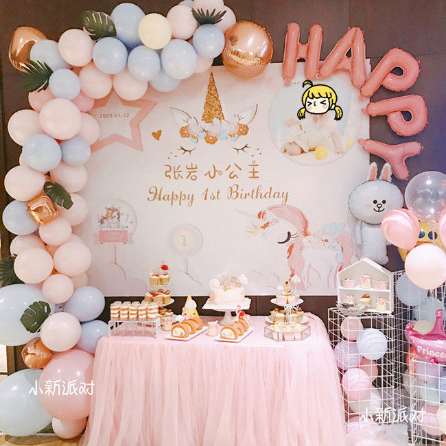 粉色公主儿童宝宝百天周岁宴布置生日派对照片海报背景墙装饰定制