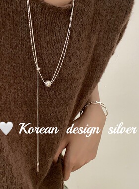 S925通体纯银抽拉项链韩国重工不对称双层圆球转运珠蛇骨链毛衣链