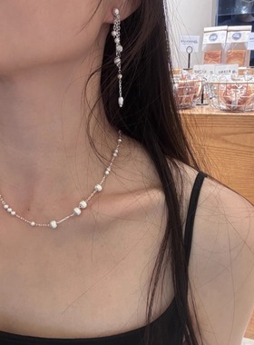 法式拉丝圆球项链轻奢高级感锁骨链串珠拼接毛衣链耳环耳骨夹套装