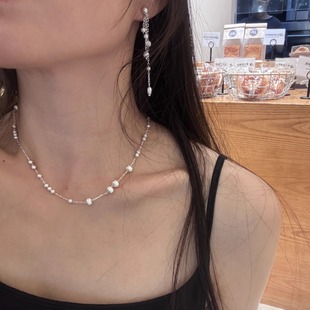 法式拉丝圆球项链轻奢高级感锁骨链串珠拼接毛衣链耳环耳骨夹套装