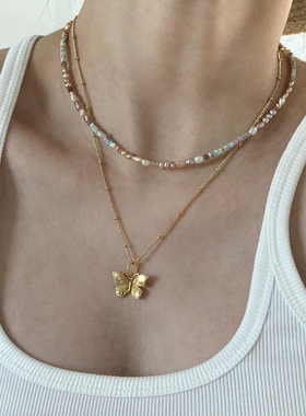 美国14k包金梦幻粉紫色极光碎银子天然珍珠项链巴洛克气质锁骨链