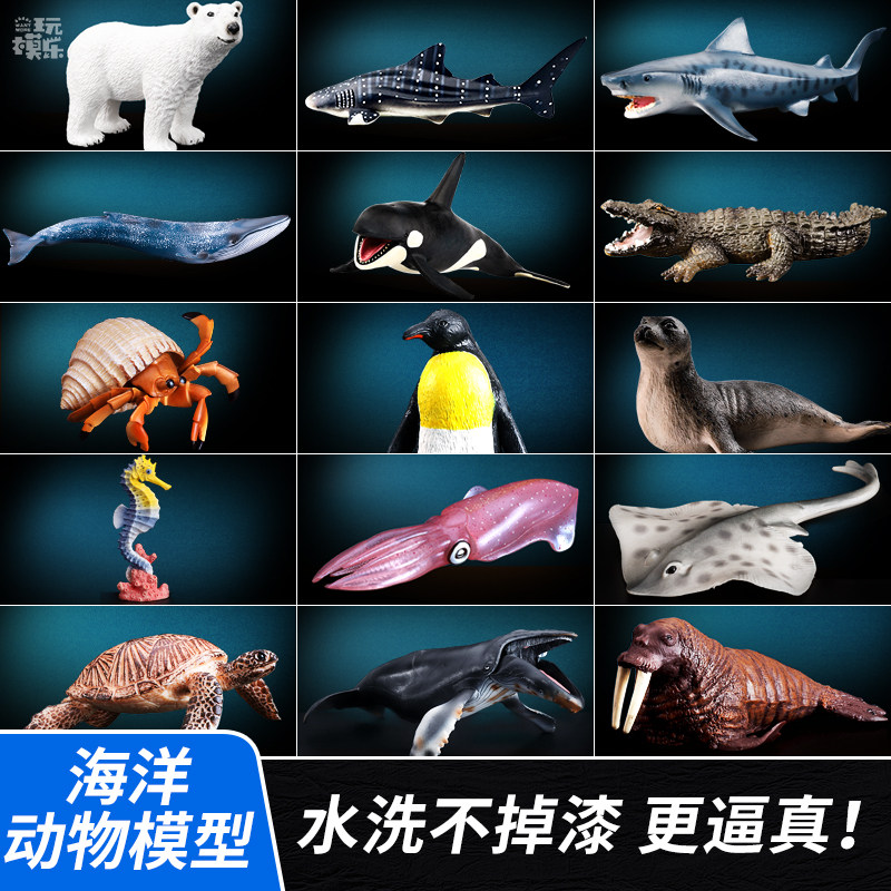 玩模乐玩具仿真海洋动物模型海底生物鲨鱼抹香鲸海豚企鹅乌龟鳄鱼