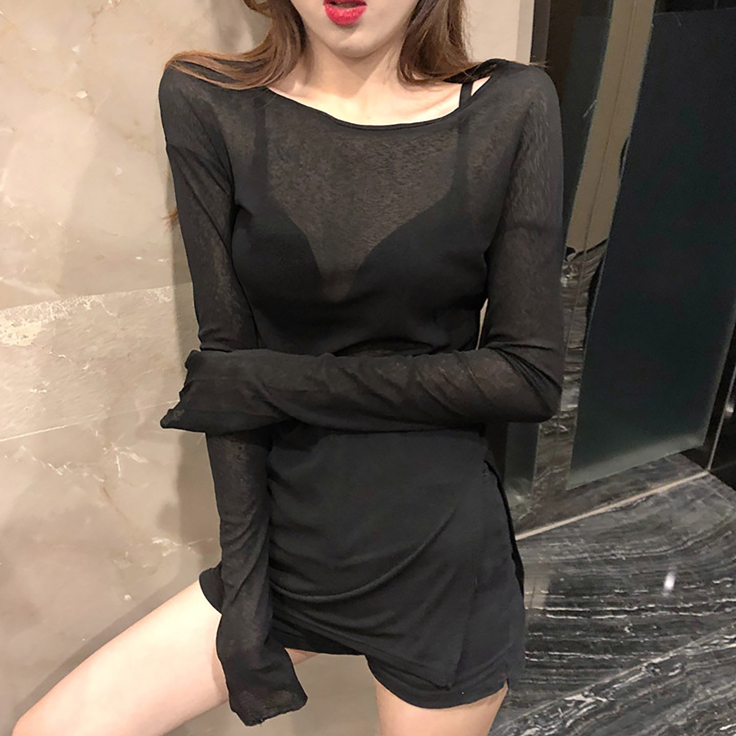 辣妹黑色透视薄纱长袖T恤中长款修身防晒内搭外穿性感上衣罩衫女