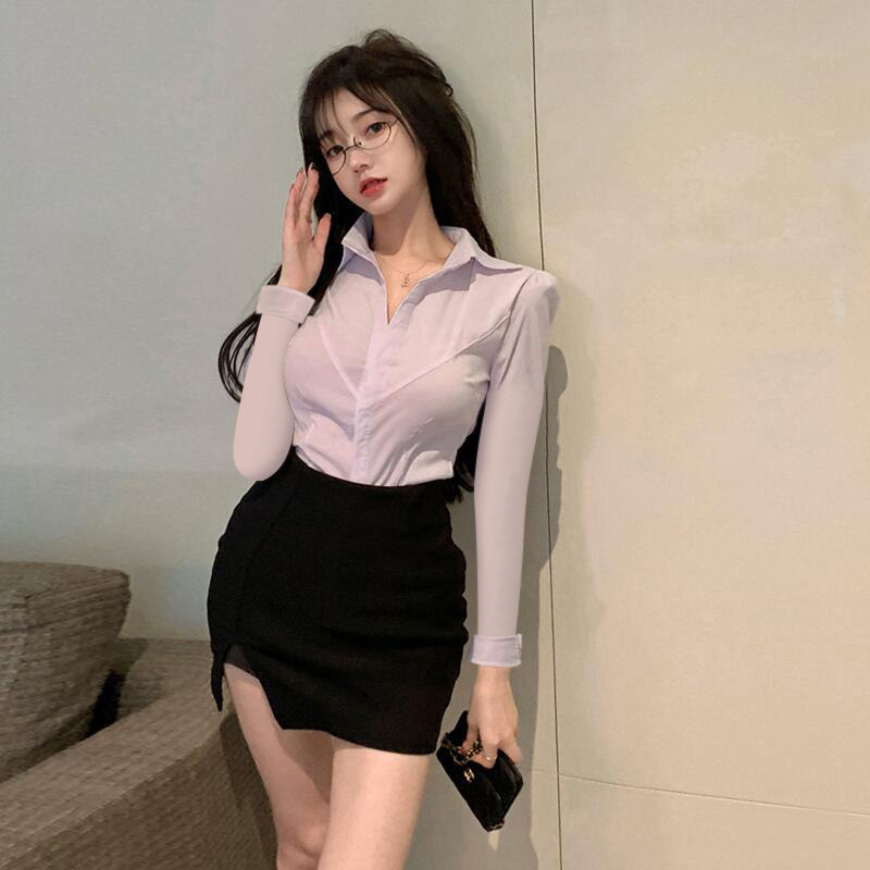 套装制服绝美别致上衣辣妹纯欲掐腰修身白色衬衫职业长袖衬衣女秋