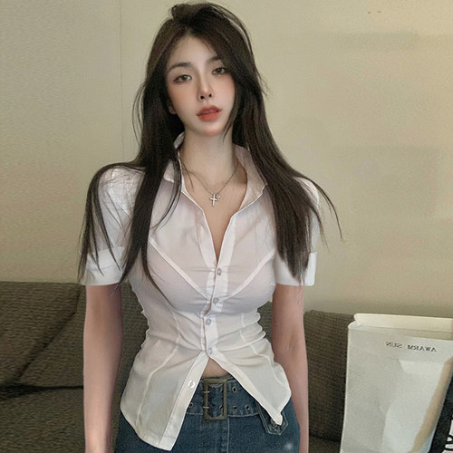 修身收腰职业单排扣短袖衬衫女
