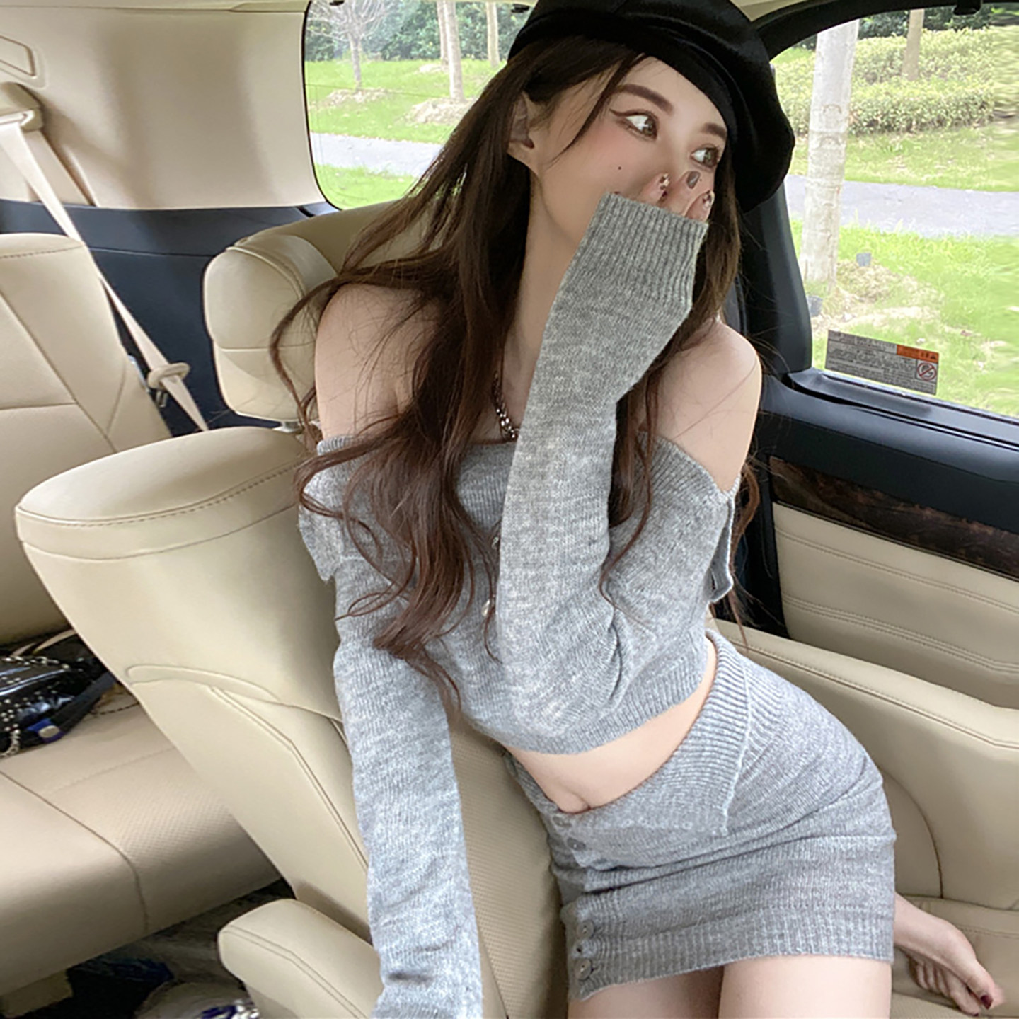 绝美独特漂亮一字肩上衣针织衫包臀短裙两件套性感纯欲甜辣套装女