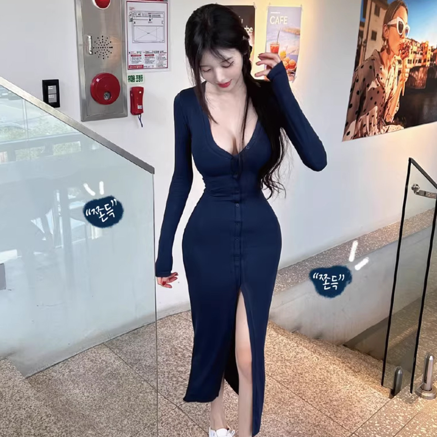 纯欲御姐紧身包臀长裙性感深V领低胸显身材排扣长袖连衣裙女秋季,女装/女士精品,连衣裙,淘宝优惠券,粉丝福利购,淘宝优惠卷