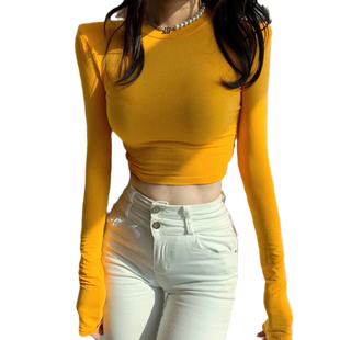 秋季别致纯欲女显胸大内搭辣妹设计感性感打底衫短款紧身上衣T恤