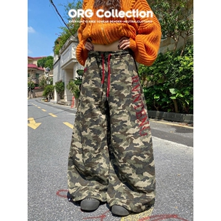 ORG Collection美式抽绳烫钻阔腿迷彩裤男女宽松卫裤休闲直筒长裤