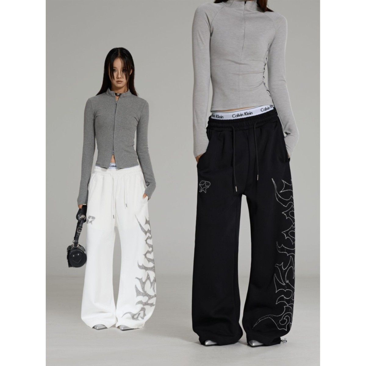 PRMR 美式复古千禧运动美学休闲裤荆棘素烫钻街舞卫裤baggy长裤