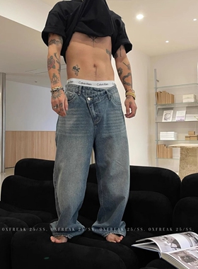 NAGAWL2025夏季新款美式复古宽松潮流直筒休闲牛仔裤男浅蓝色裤子