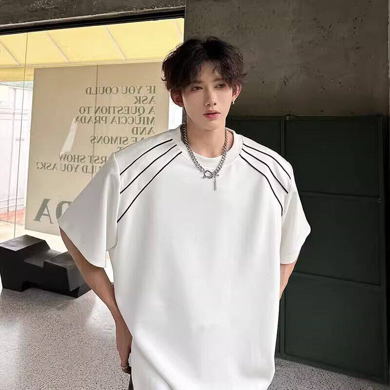 高级感垫肩短袖t恤男夏季潮牌重磅宽松设计感cleanfit小领口半袖