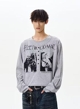 美式复古vine印花假两件长袖T恤女春季2025新款宽松亨利领上衣