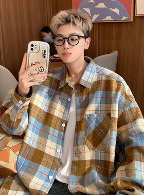 秋季复古新款格子长袖衬衫潮流宽松休闲衬衣男女同款上衣