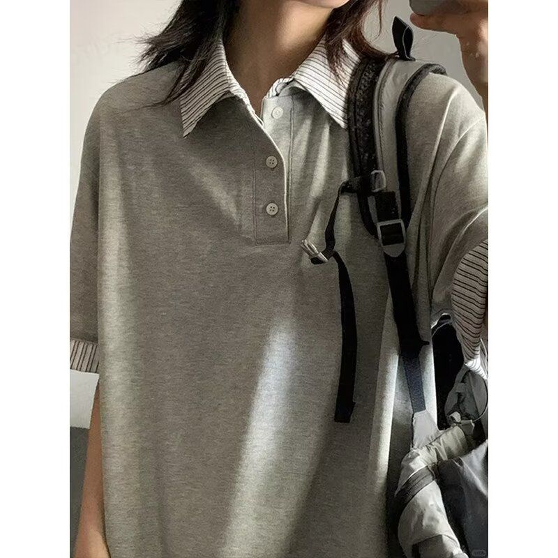 美式学院风polo衫宽松短袖t恤女夏季条纹假两件翻领灰色上衣图片