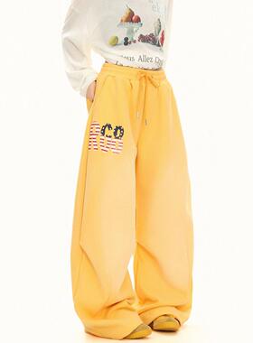 Sanowers美式辣妹风字母印花休闲卫裤女2025新款宽松百搭阔腿长裤