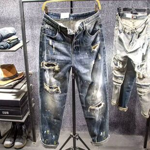 春秋季美式喷墨弹力九分裤潮牌男式高街破洞乞丐裤男装痞帅牛仔裤