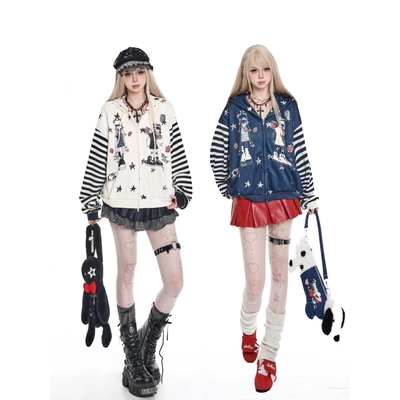 美式y2k卡通印花条纹设计感连帽卫衣女秋季甜酷穿搭宽松休闲外套