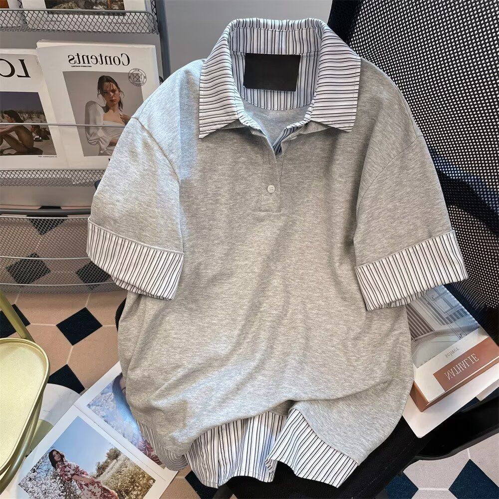 美式学院风polo衫宽松短袖t恤女夏季条纹假两件翻领灰色上衣图片