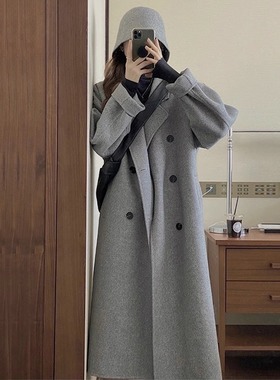 反季灰色双面羊绒呢子大衣女中长款2023秋冬小个子韩系羊毛呢外套