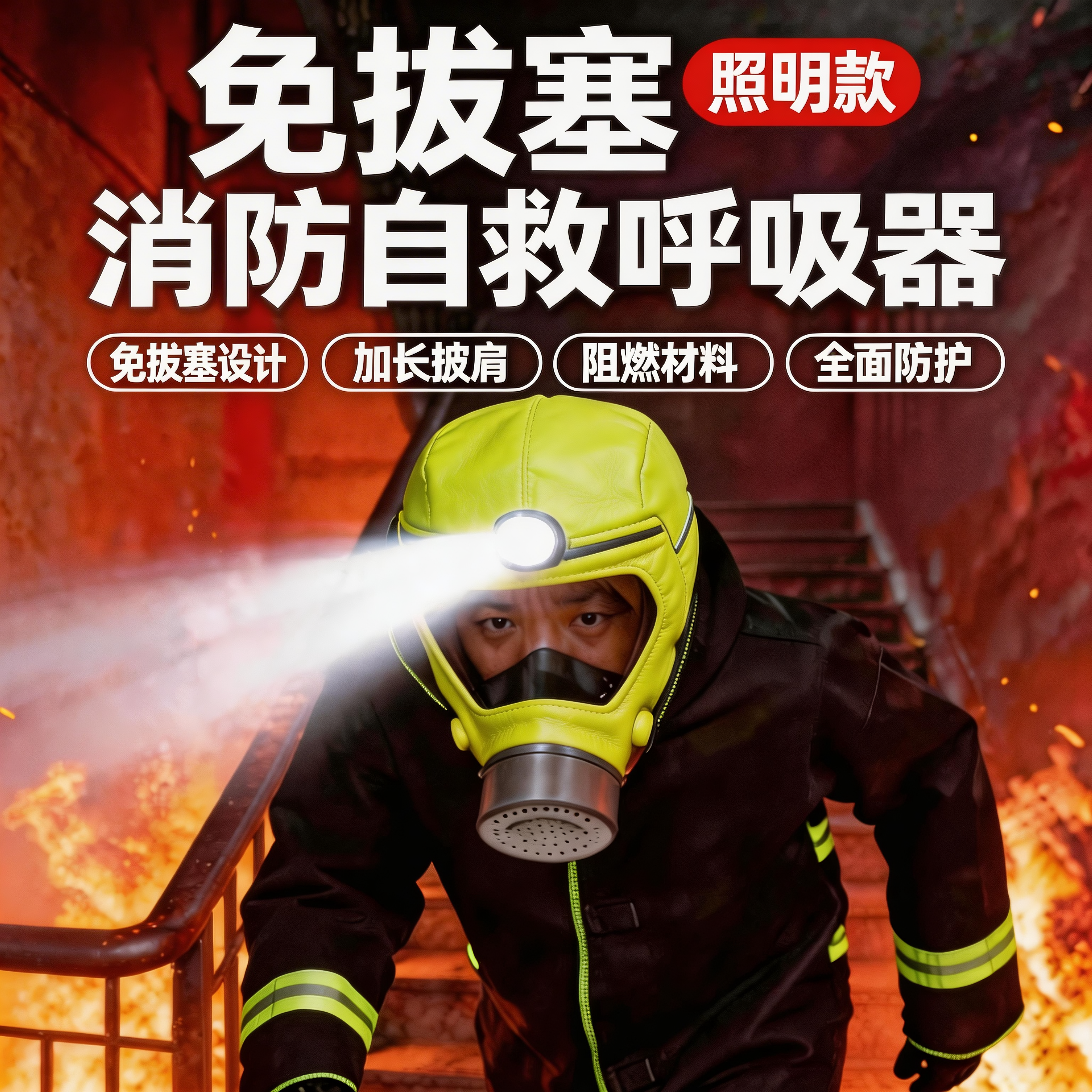 防毒面具带头灯防烟面罩消防自救呼吸器防火火灾逃生装备3c认证