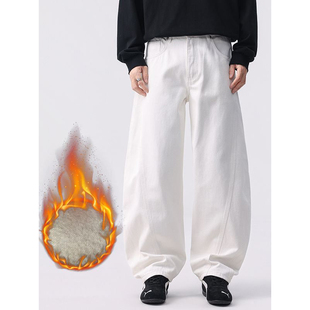 子潮 男女潮牌白色宽松直筒阔腿休闲弯刀裤 2025冬季 加绒加厚牛仔裤
