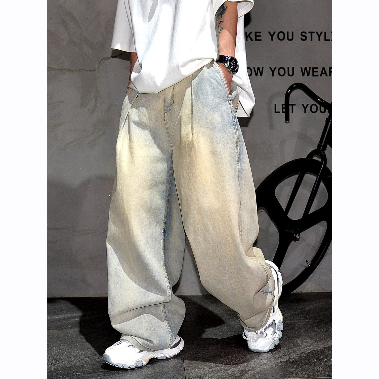 美式复古黄泥做旧褶皱弯刀牛仔裤男潮牌vibe痞帅宽松阔腿拖地长裤,男装,牛仔裤,淘宝优惠券,粉丝福利购,淘宝优惠卷